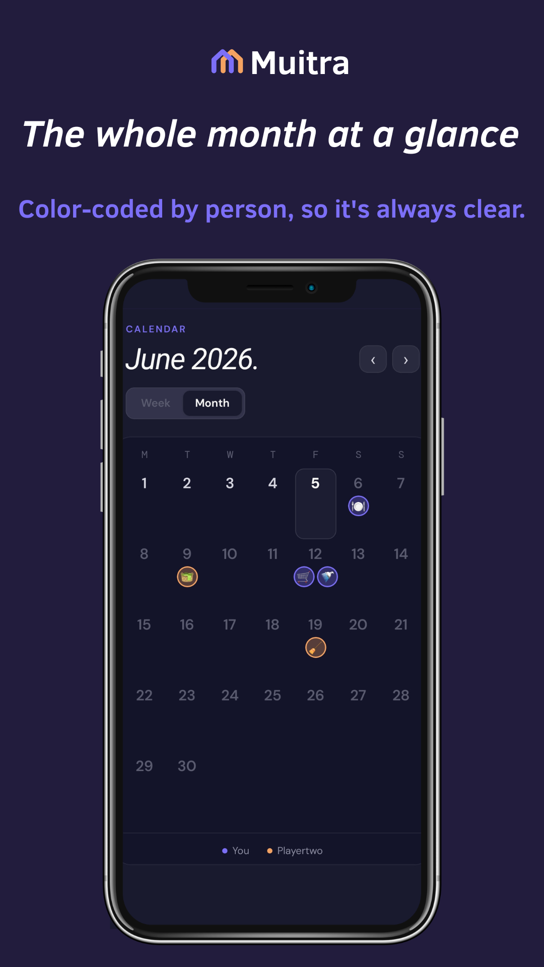 The whole month at a glance, color-coded by person.