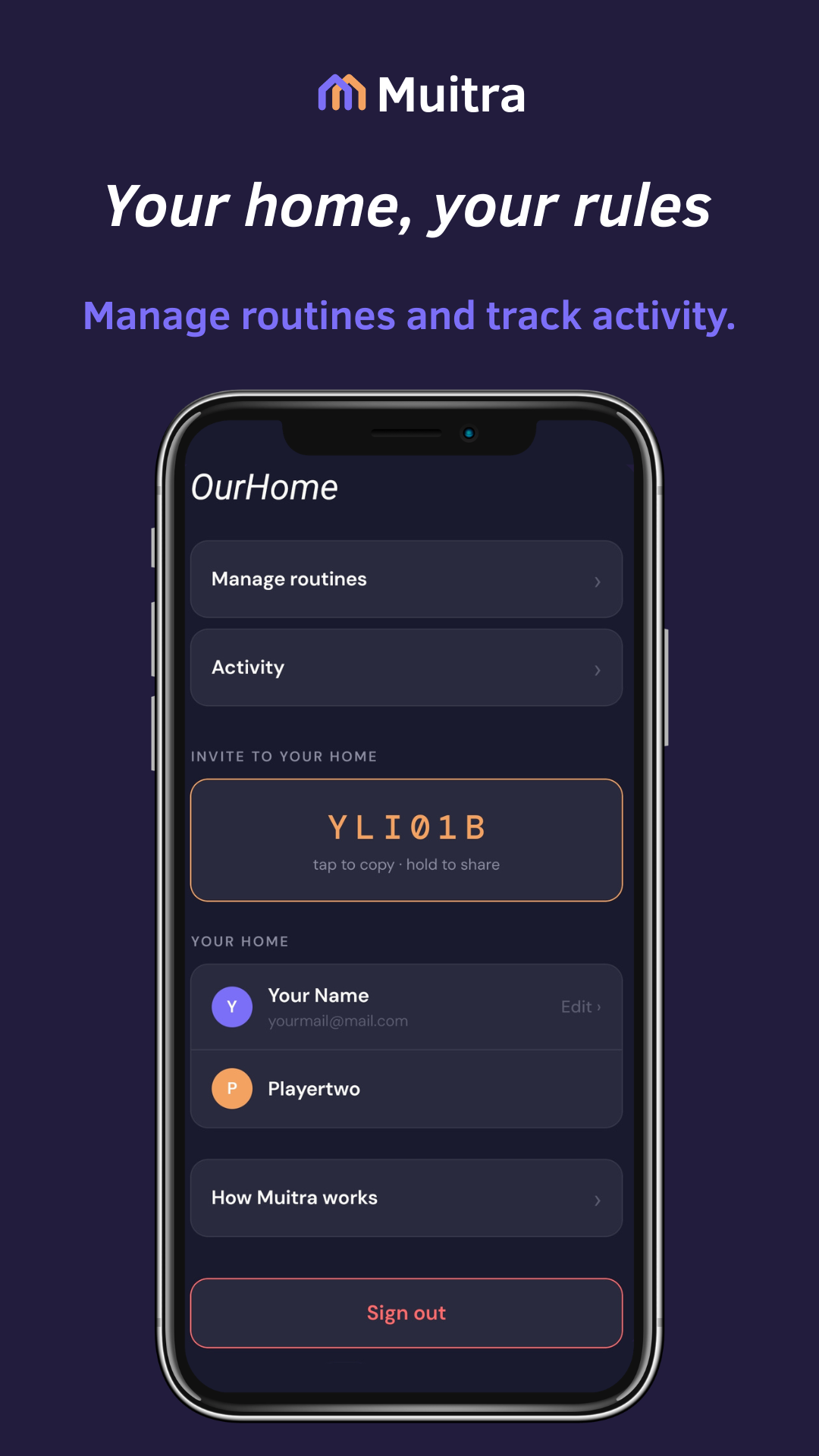 Your home settings β manage routines, track activity, invite people.