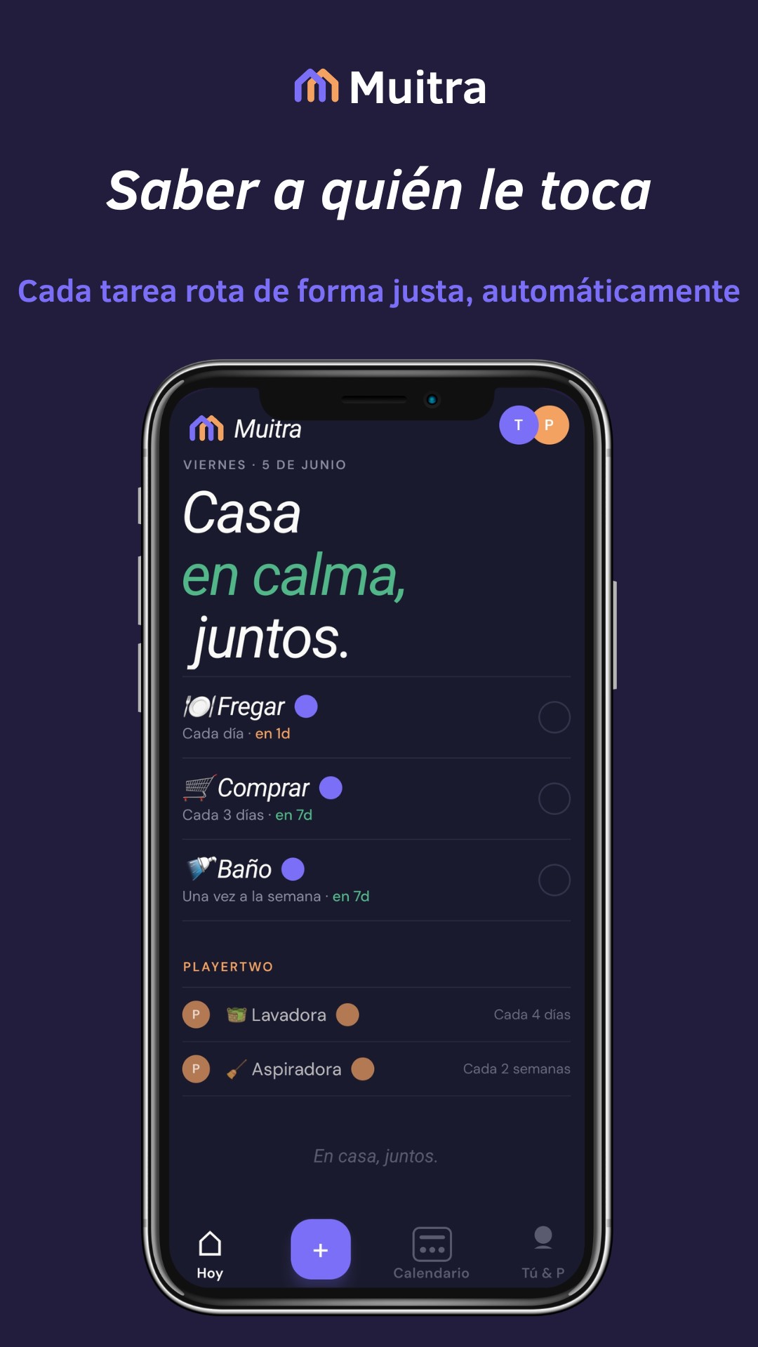 La pantalla de Hoy muestra de quién es el turno de cada tarea, rotando solo.