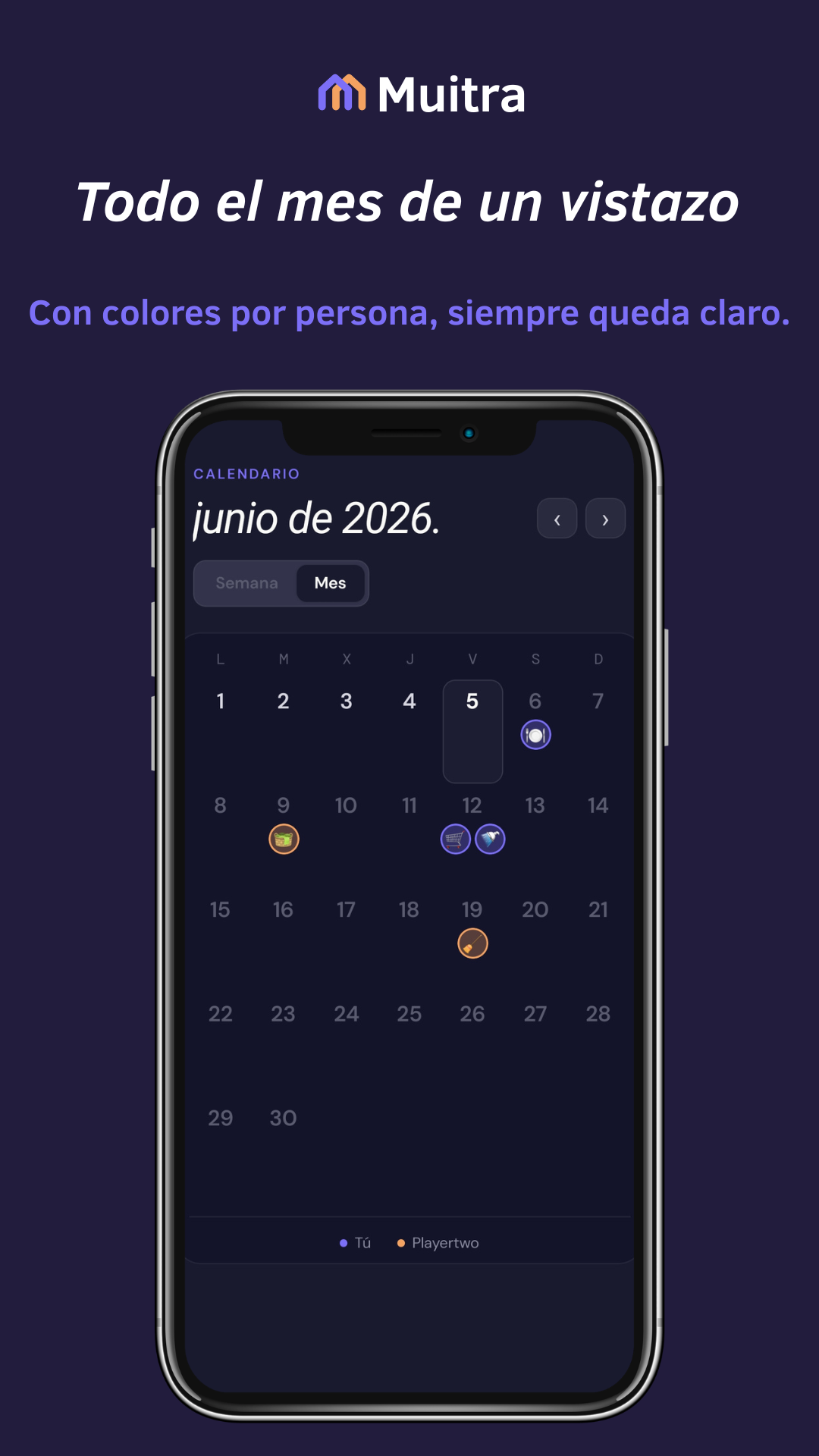 Todo el mes de un vistazo, con un color por persona.