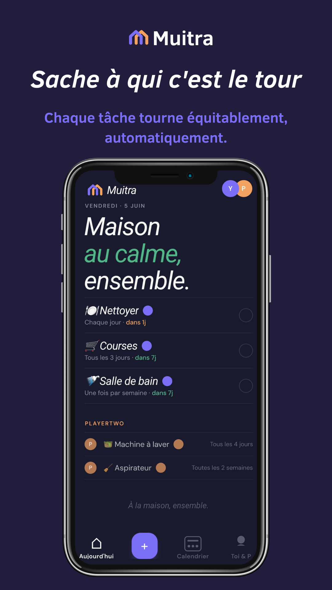 L'écran Aujourd'hui montre à qui le tour de chaque tâche, qui tourne automatiquement.